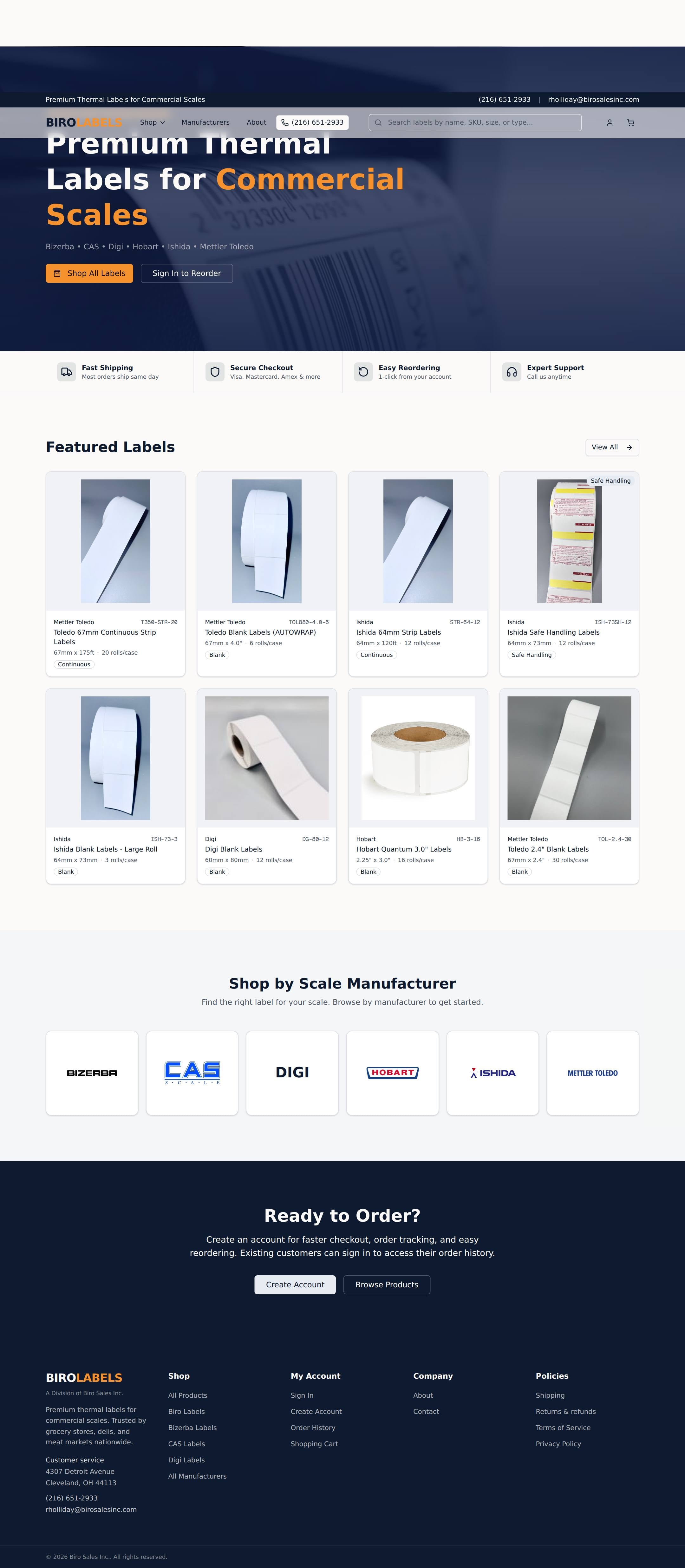 Screenshot of the Biro Labels website